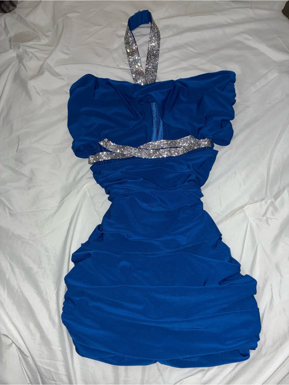 Better Be Royal Blue Halter Ruched Mini Dress with Silver Crystal Trim